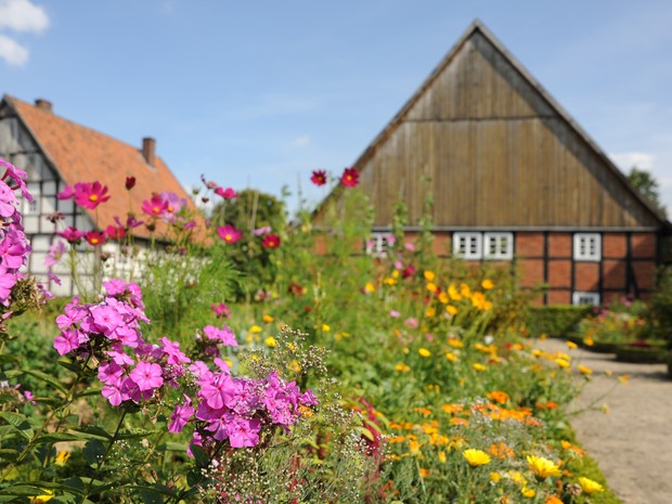 Im Vordergrund ein Blumenbeet, im Hintergrund ein Fachwerkhaus Im Vordergrund ein Blumenbeet, im Hintergrund ein Fachwerkhaus