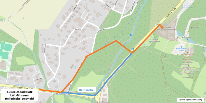 Fußweg vom Ausweichparkplatz zum Museumseingang auf einer Karte eingezeichnet.