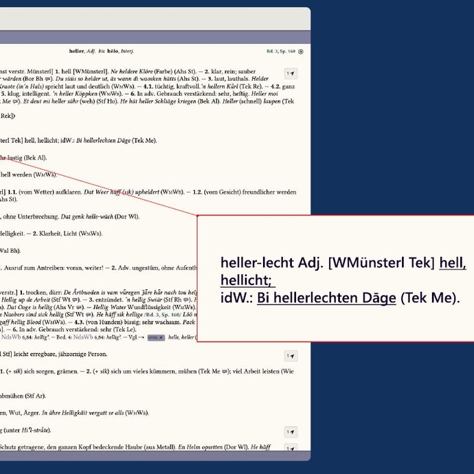 Ein Auszug aus dem Westfälischen Wörterbuch der Kommission für Mundart- und Namenforschung Westfalens, das Wort "hellerlecht" ist vergrößert. (vergrößerte Bildansicht wird geöffnet)