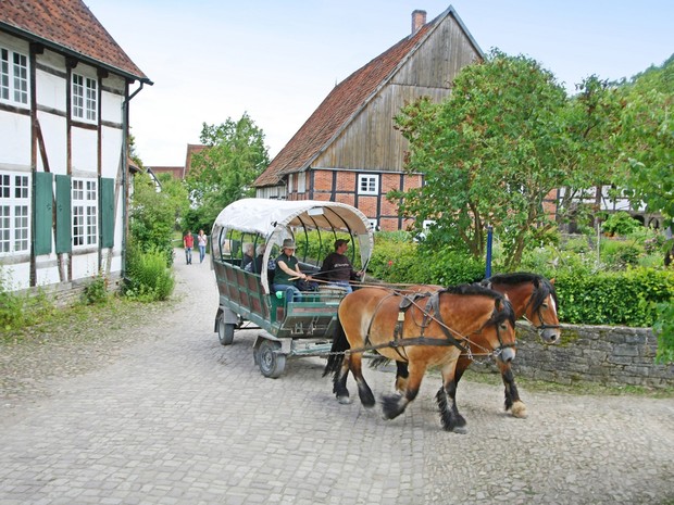 Eine Pferdekutsche mit zwei Zugpferden fährt durch das Paderborner Dorf. Eine Pferdekutsche mit zwei Zugpferden fährt durch das Paderborner Dorf.