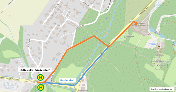 Fußweg von der Bushaltestelle Friedenstal zum Museumseingang auf einer Karte eingezeichnet.