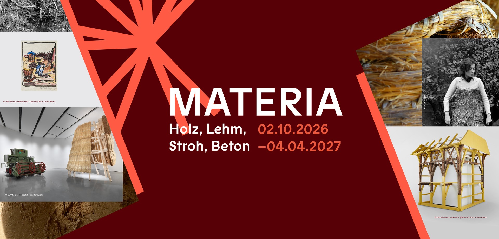Bildcollage zur Sonderausstellung Materia. Holz, Lehm, Stroh, Beton.