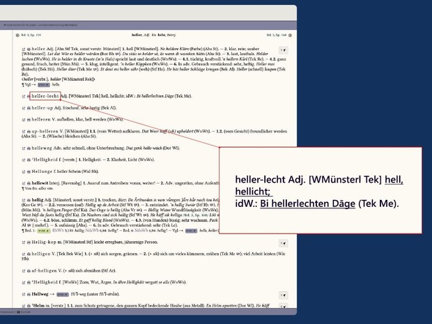 Ein Auszug aus dem Westfälischen Wörterbuch der Kommission für Mundart- und Namenforschung Westfalens, das Wort "hellerlecht" ist vergrößert. Ein Auszug aus dem Westfälischen Wörterbuch der Kommission für Mundart- und Namenforschung Westfalens, das Wort "hellerlecht" ist vergrößert.